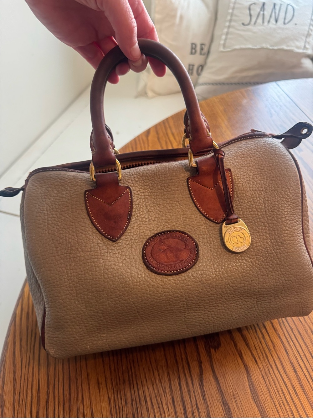 Dooney & Bourke Taupe Pebbled Leather Satchel with Brown Trim and Gold Hardware